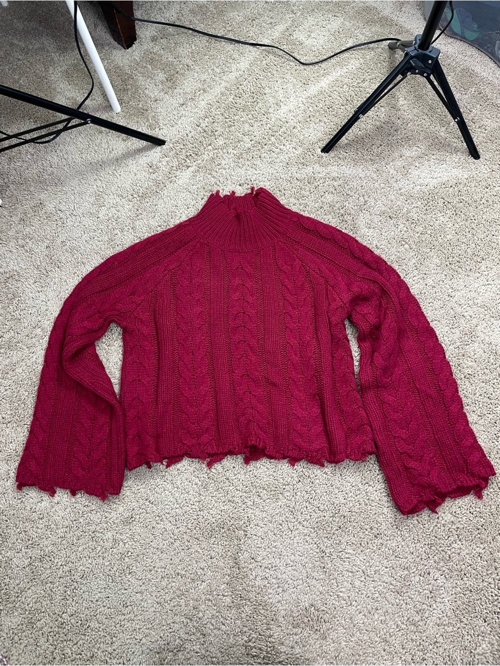 Cotton Candy‎ LA Burgundy Cropped Distressed Cable-Knit Turtleneck Sweater